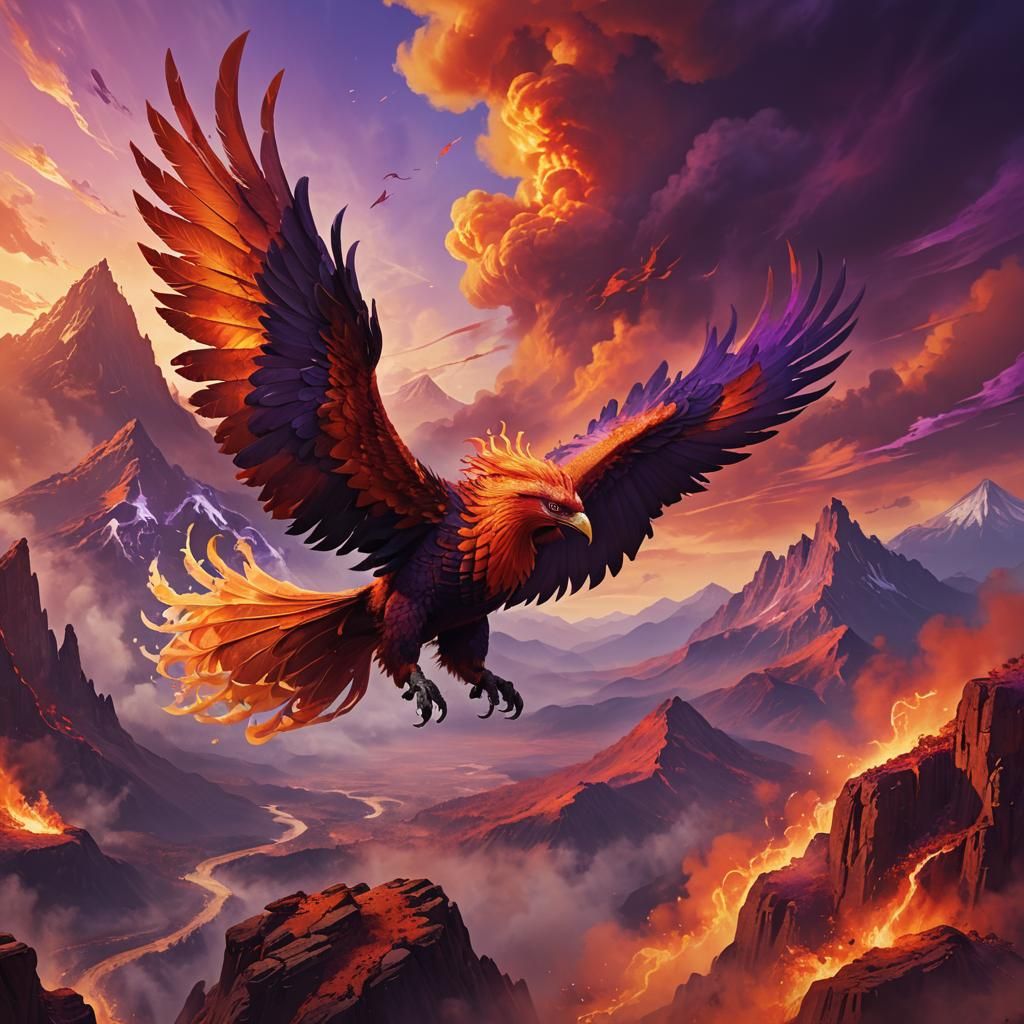 A giant red Phoenix soaring