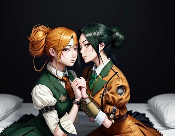 Kemono Twin Sisters Kiss in Steampunk Manga Style