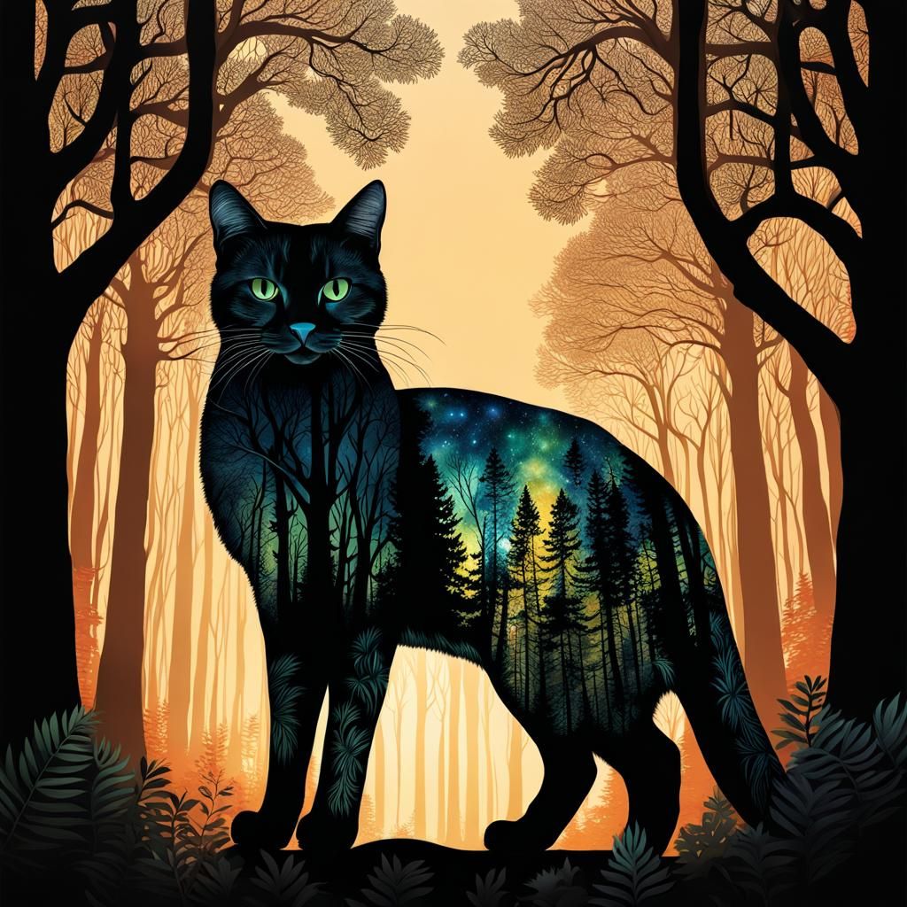 Mystical Forest Cat Silhouette in Double Exposure Art