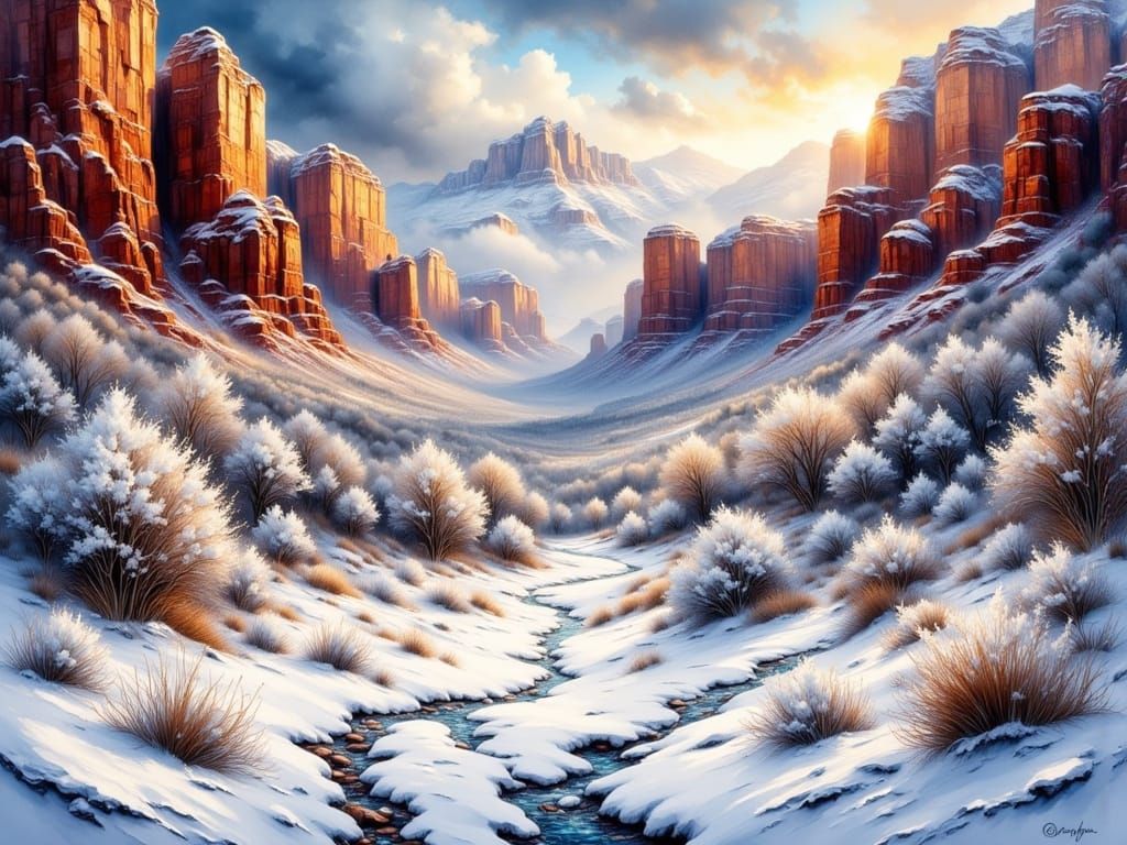 Sedona Red Rocks in Snow: Impressionistic Winter Scene