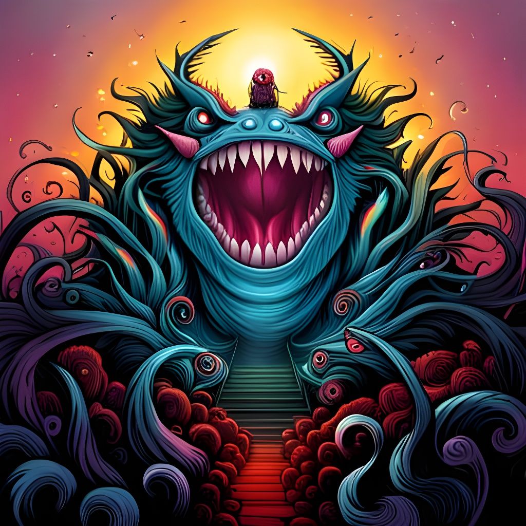 Psychedelic Monster in Surreal Cityscape