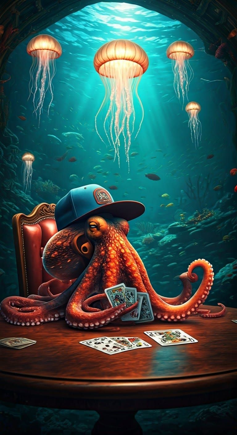 Octopus Playing Cards in Underwater Bar