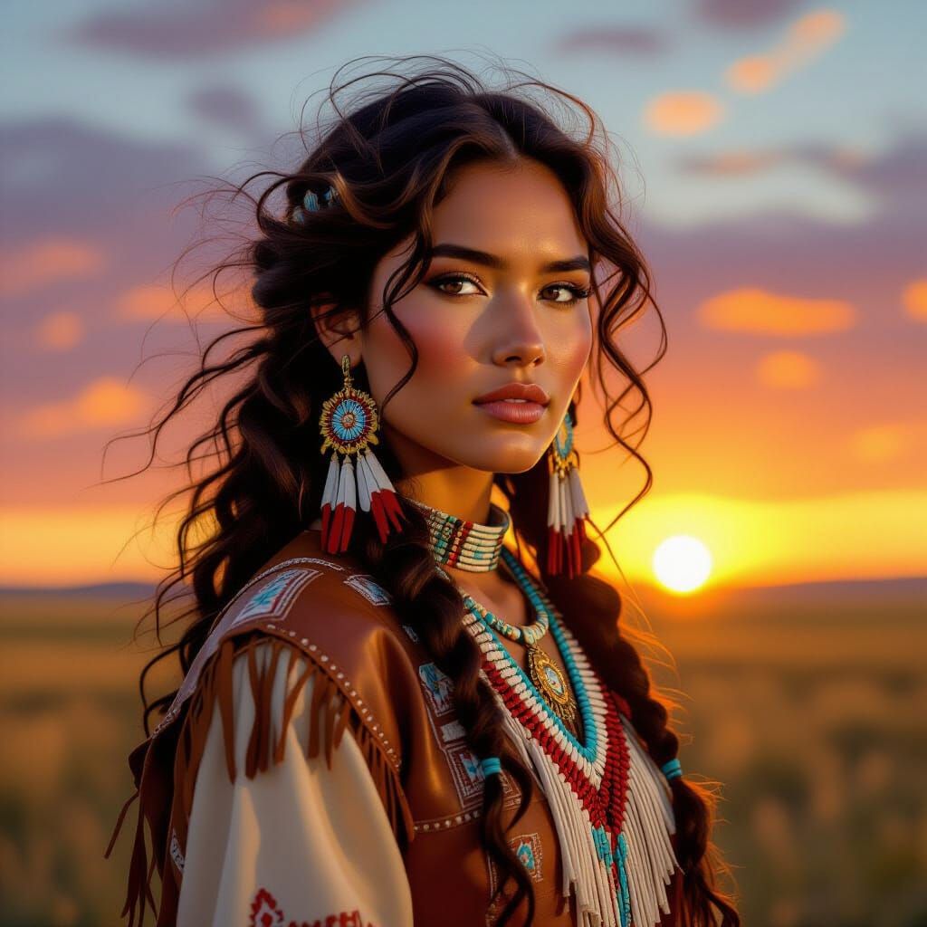 Native American Woman at Sunset Prairie