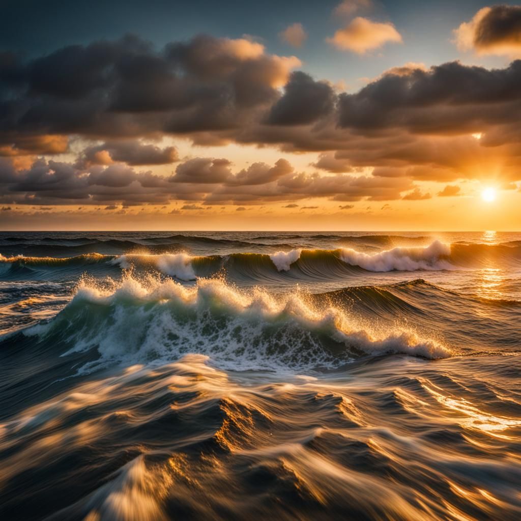 Mesmerizing ocean scene with crashing waves and golden sunse...