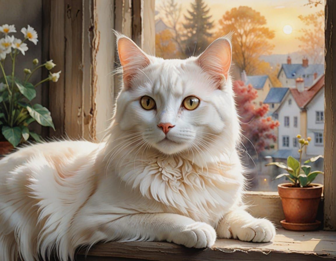 Ethereal Watercolor Portrait of a Beautiful White Cat