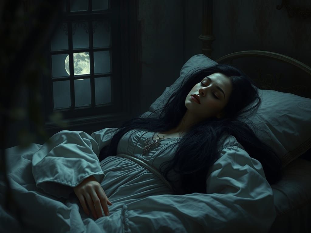 Medieval Woman Slumbers in Moonlit Bedroom