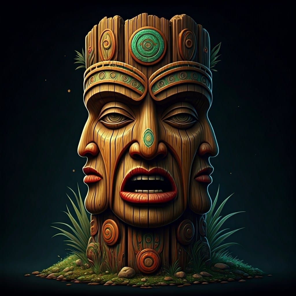 Digitally Rendered Totem Pole with Carved Faces