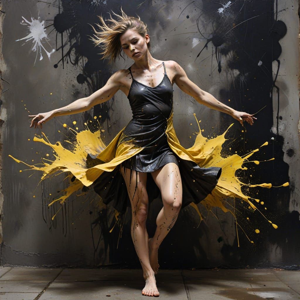 Grayscale Dancer with Vermillion and Gold Accents