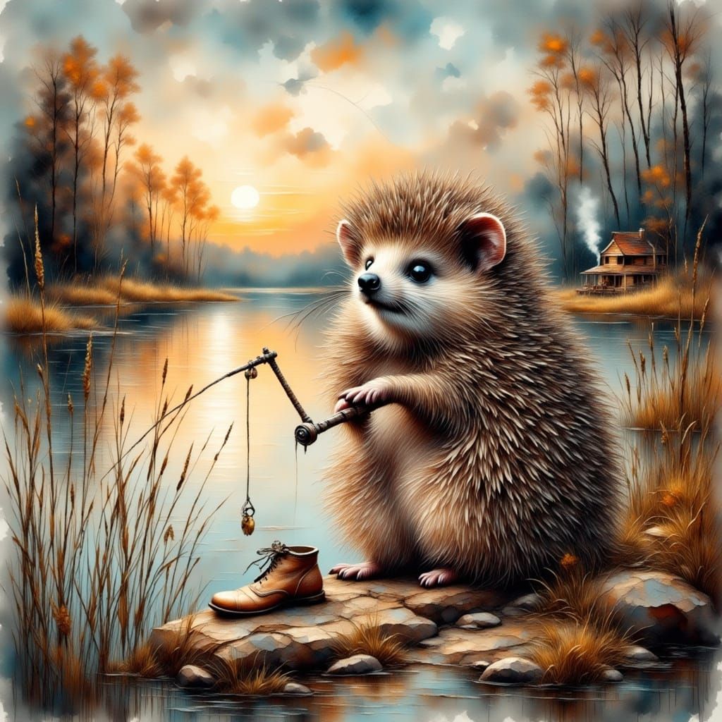Whimsical Hedgehog Fishing by Lake at Dusk in Watercolor