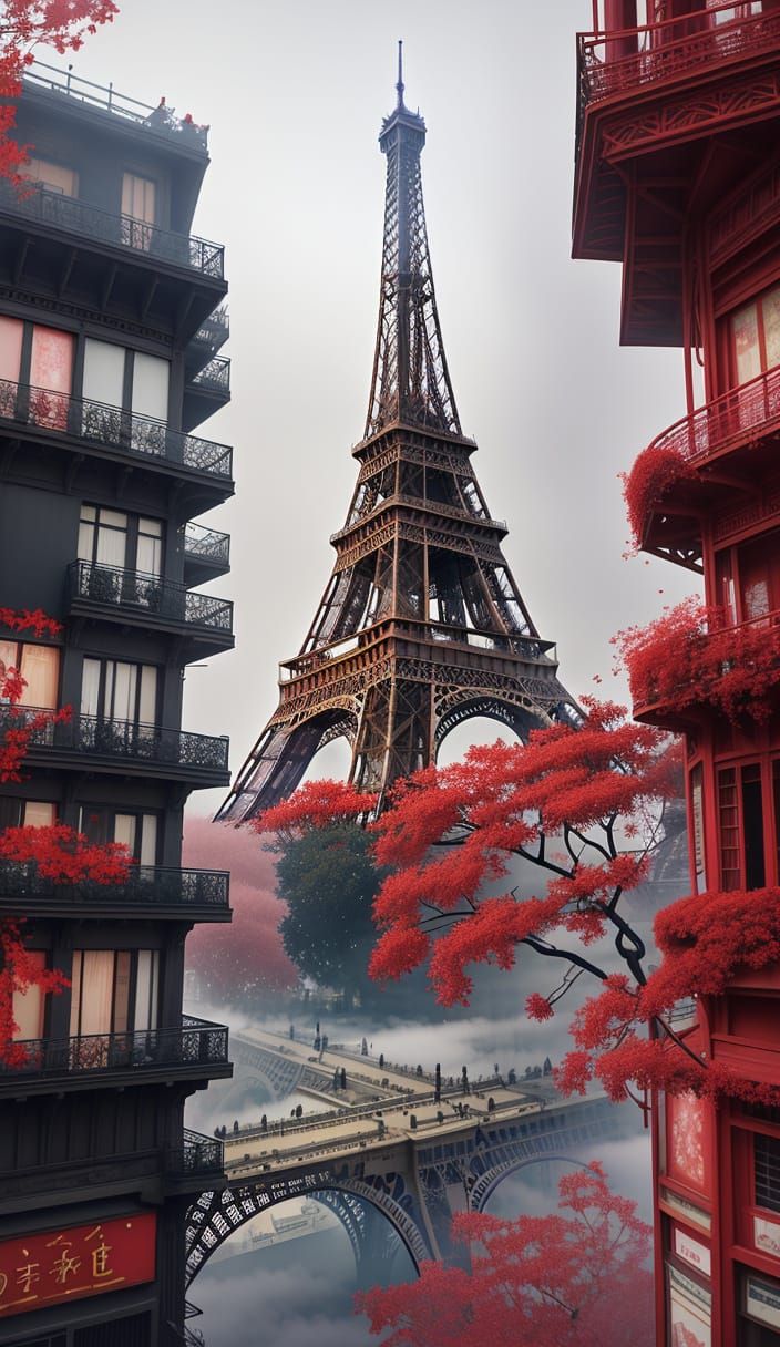 Surreal Eiffel Tower Street View in Vivid Colors
