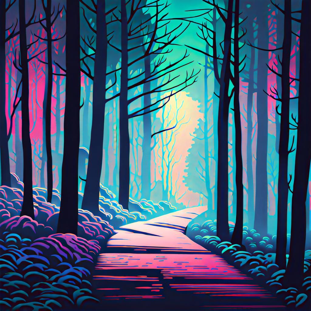 Spooky, foggy forest path at night. Kandinsky cool colors pop art ink drawing subtractive lighting shadow depth futurist...
