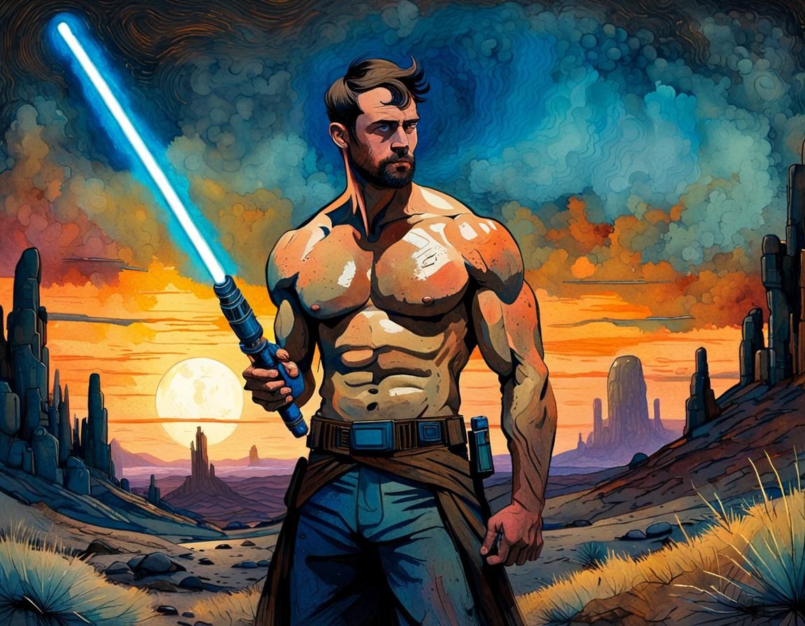 Star Wars Smuggler with Lightsaber: Gritty Watercolor Art