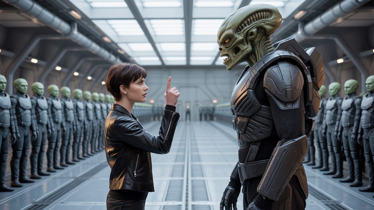 Human vs Alien Warrior in High-Tech Hangar Photo