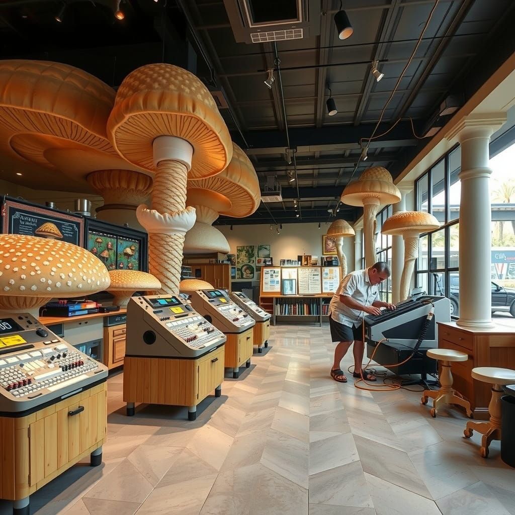 Surreal Mushroom Computer Repair in Photographic Style