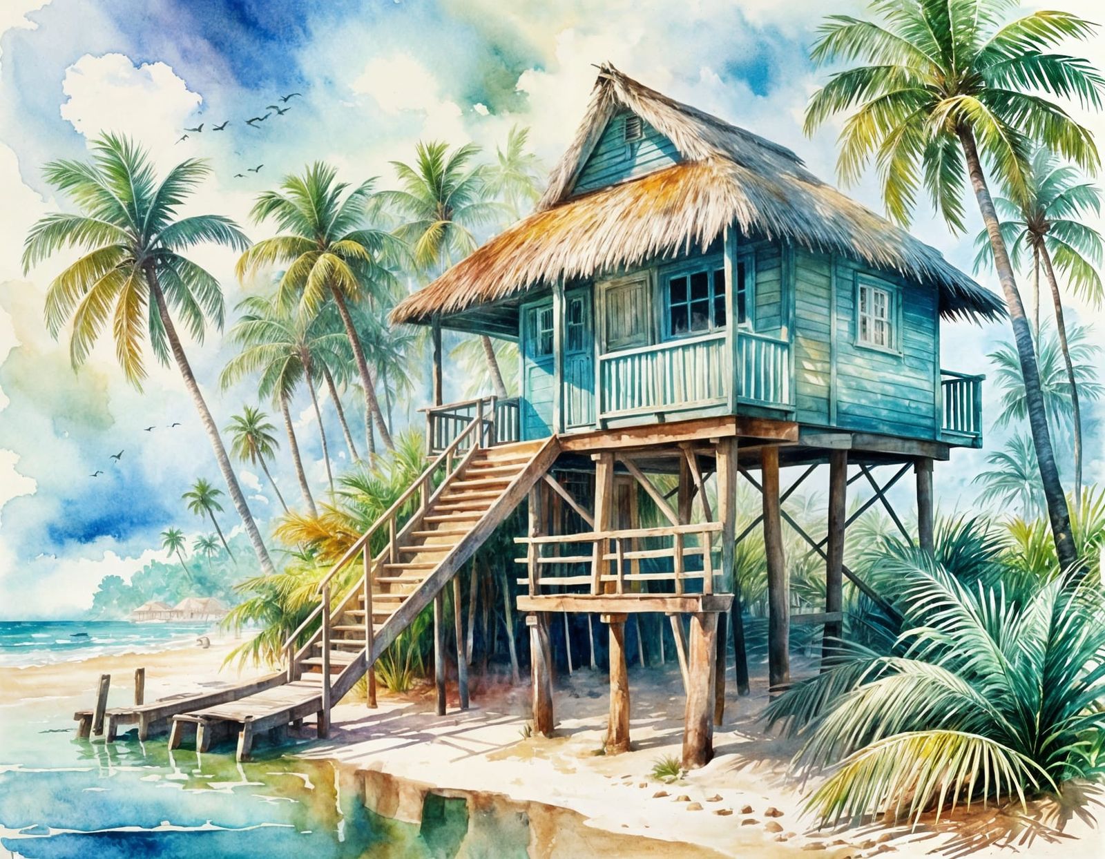 Tropical Beach Hut Watercolor Painting