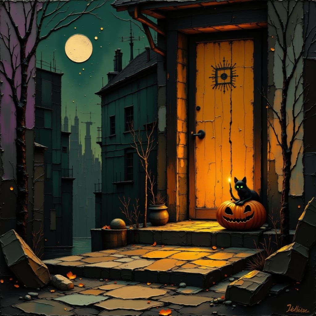 Halloween Jack-o-Lantern on Victorian City Stoop with Black ...