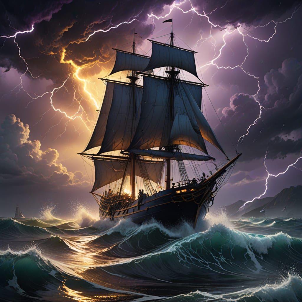 Dark Fantasy Sailboat Battles Stormy Ocean