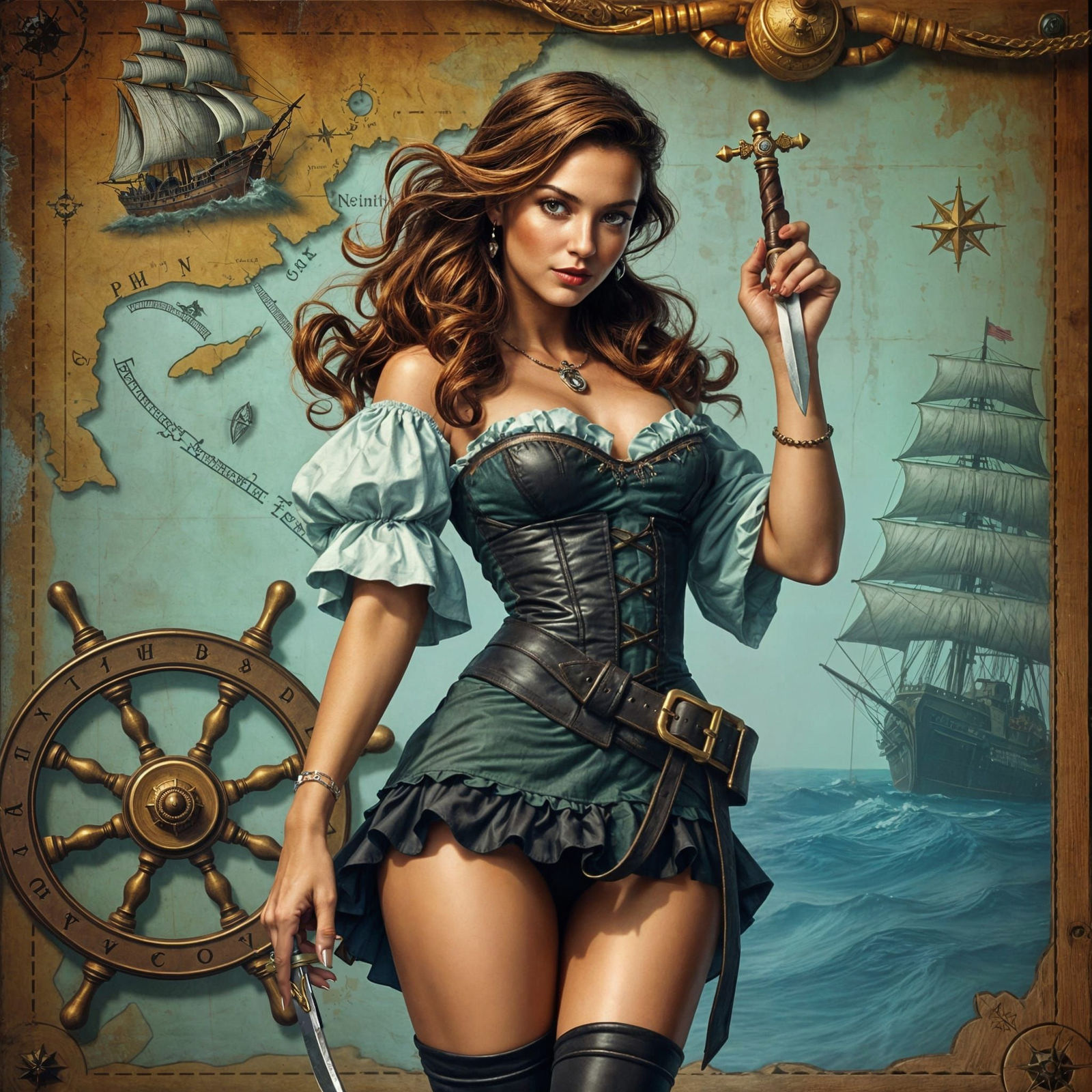 Pirate Woman with Map and Compass