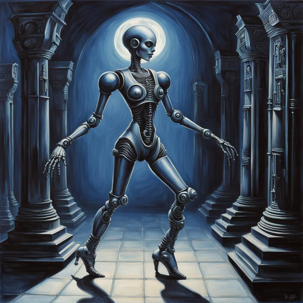 Eerie Robot Ballet Dancer in Graveyard, Giger-esque