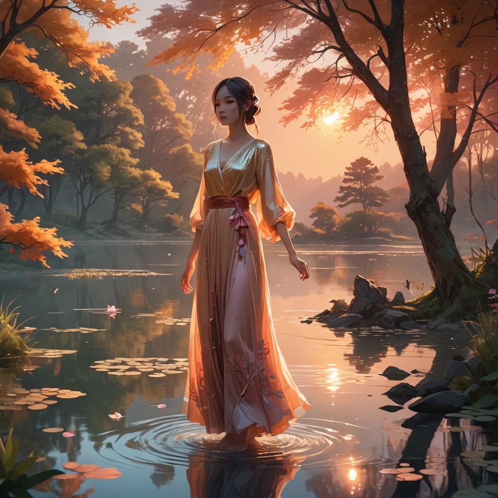 Woman at Sunset in Anime Style