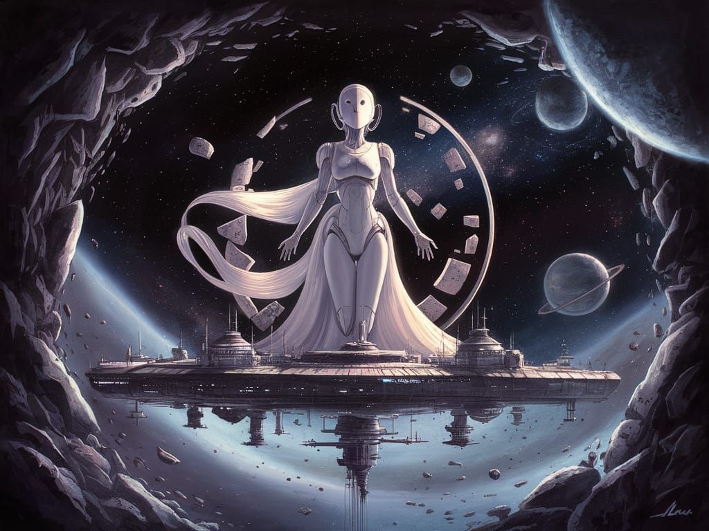 Android Woman in Space, Oil Painting Style