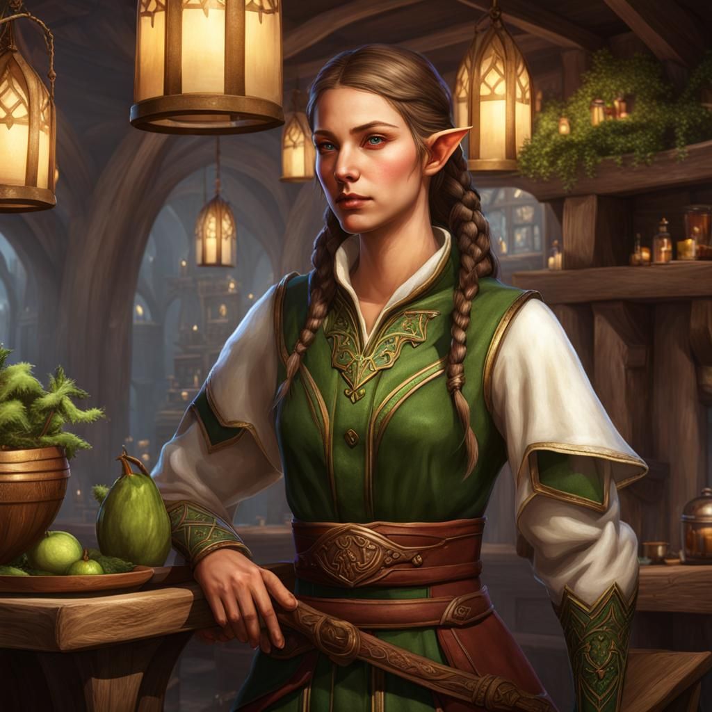 Female Elf Innkeeper Working in Her Tavern