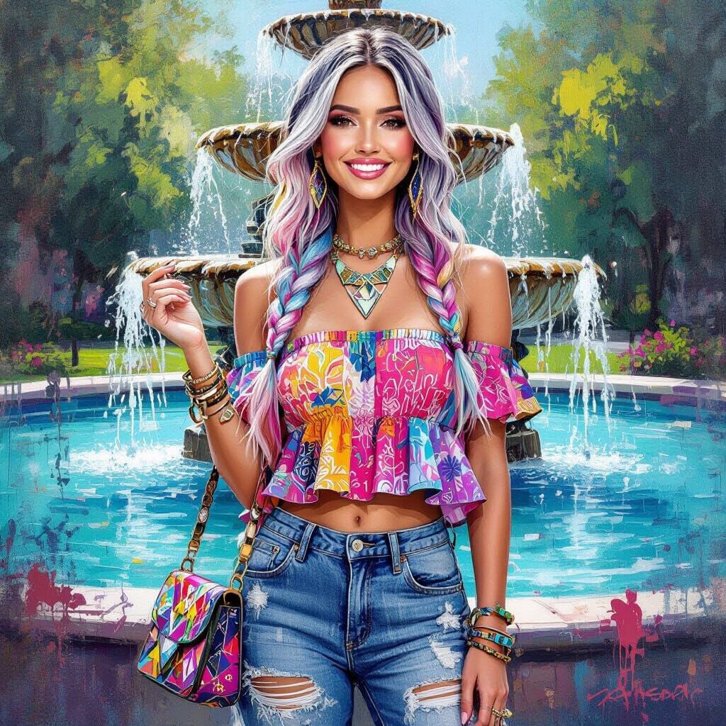 Boho Woman in Abstract Oil Painting with Silver Pink Hair