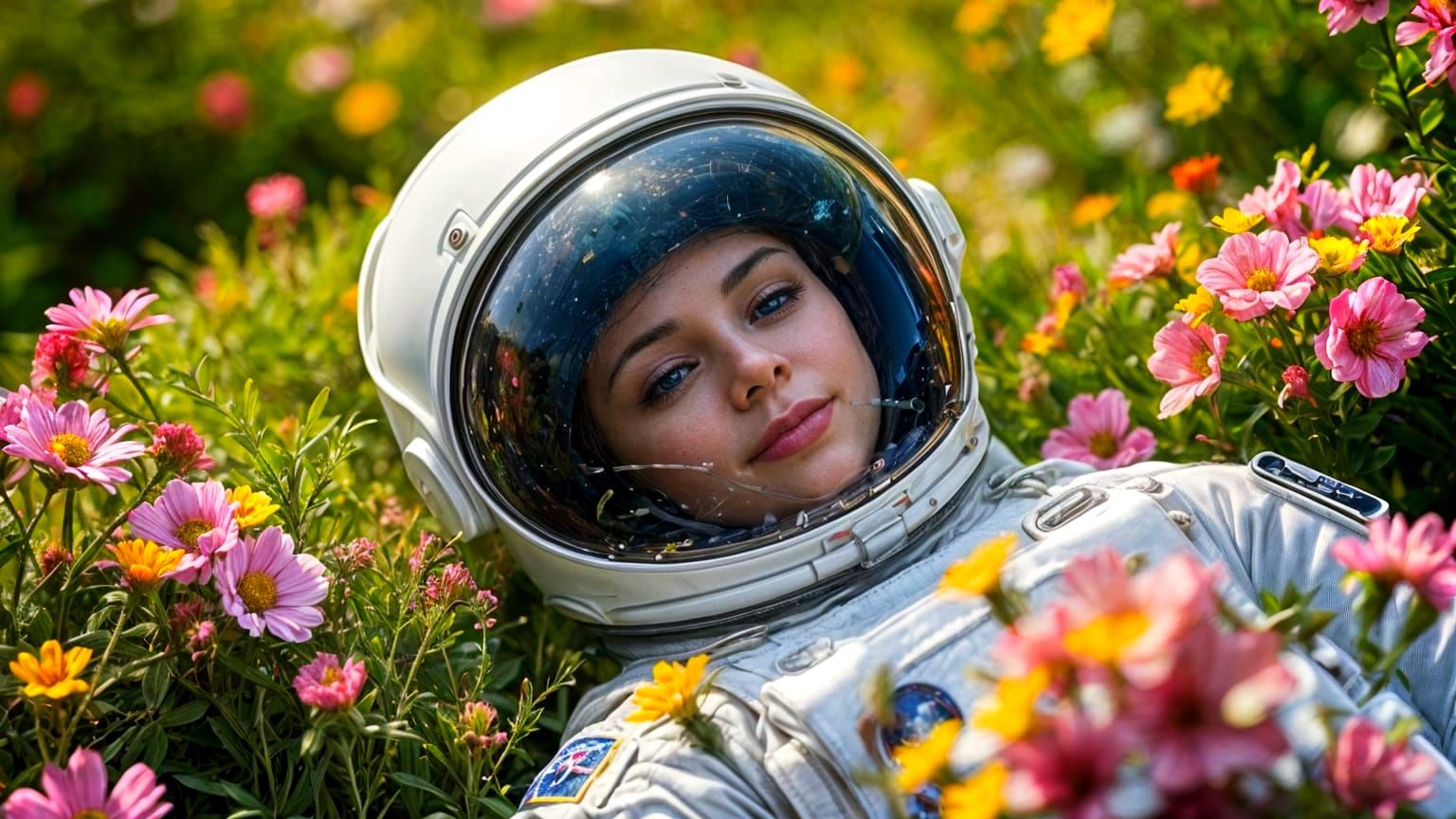 Astronaut in Flower Garden Reflecting the Universe