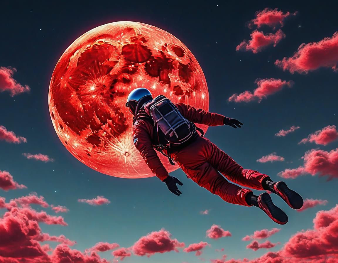 Skydiver and Red Moon in Retrofuturistic Style