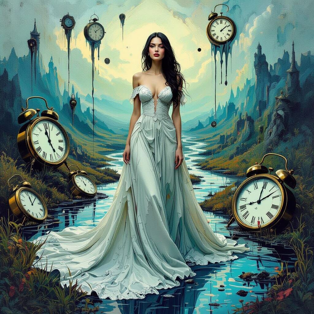 Surreal Woman in Dreamscape with Melting Clocks