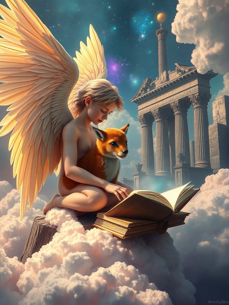 Colorful Angel Reading Book on Cloud