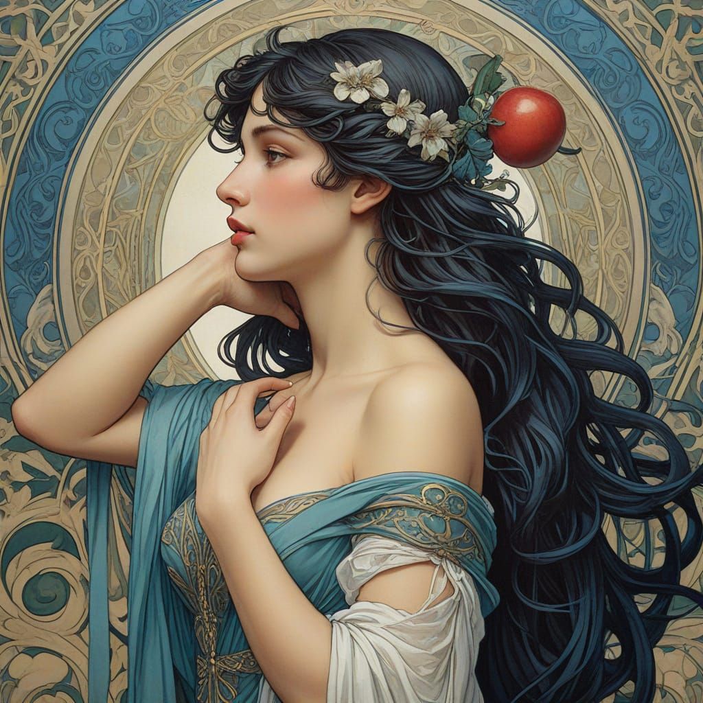 Aphrodite Contemplates Apple in Art Nouveau Style