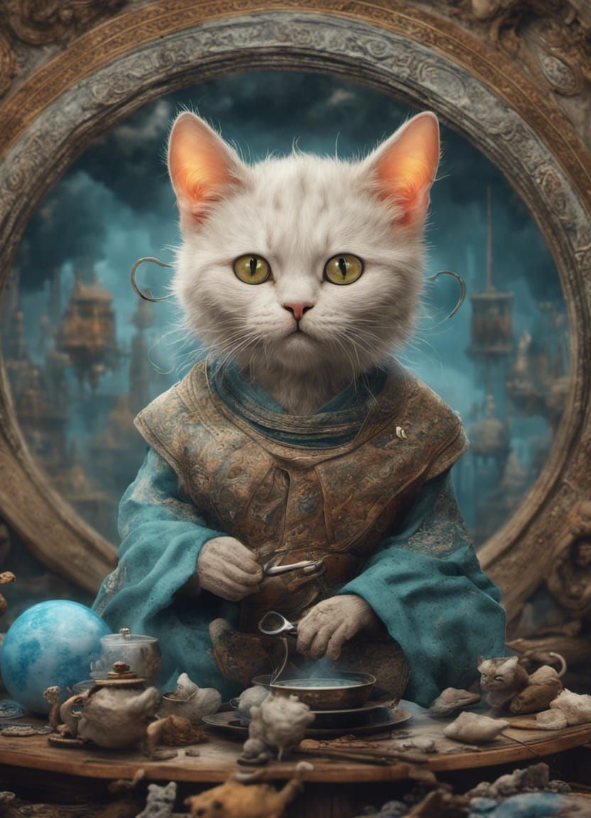 Cute Cat Monk Casting Spells: Digital Art