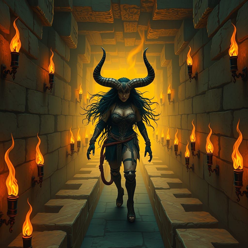 Minotaur Woman in a Torch-lit Maze