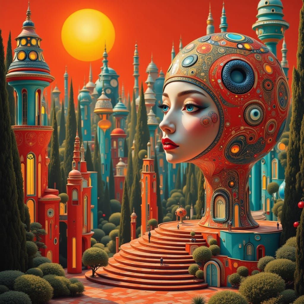 Woman by Orange House Amidst Surreal Town and Sunset