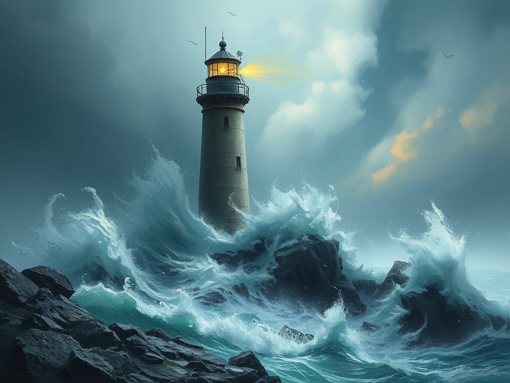 Stormy Coastal Lighthouse in Dark, Moody Atmosphere