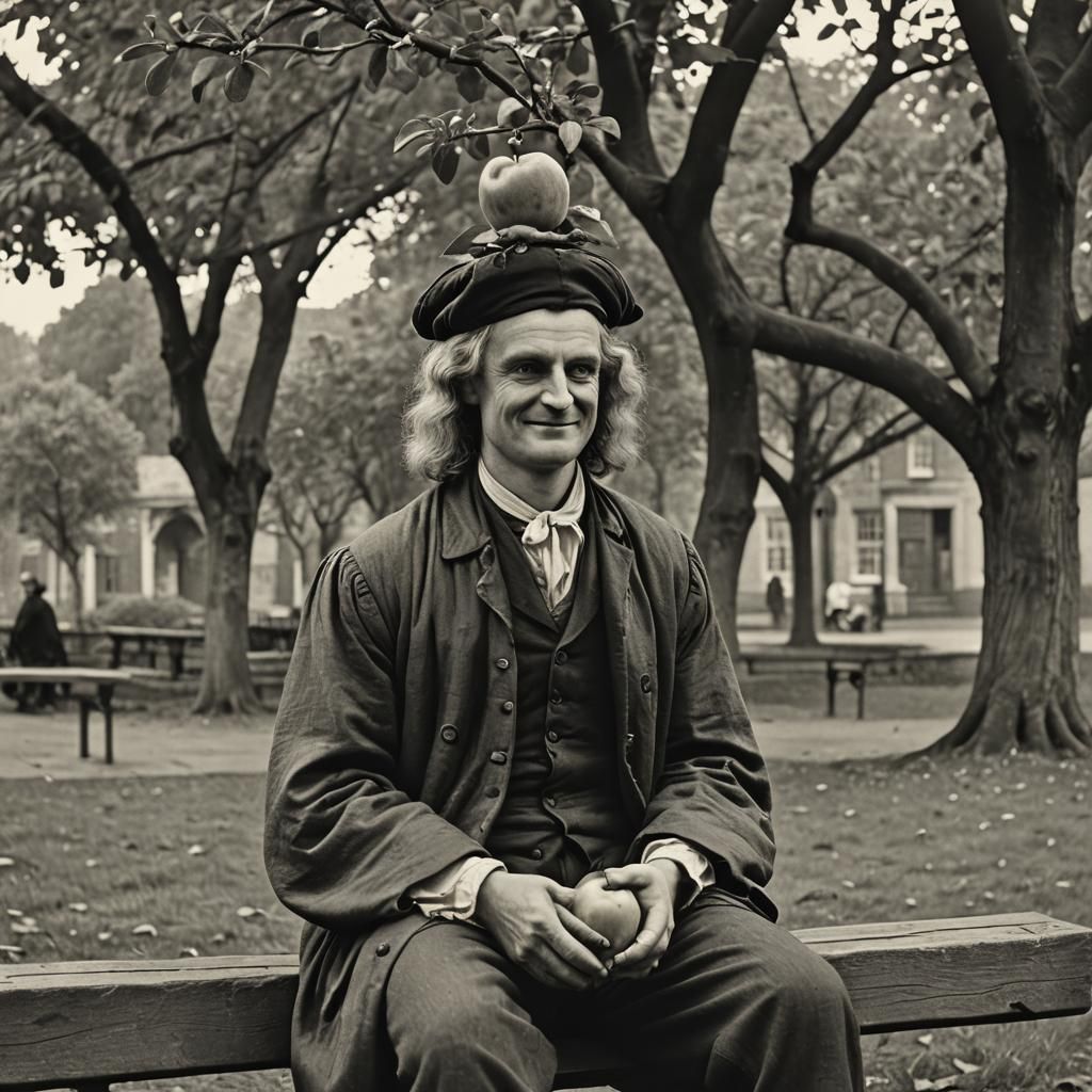 Newton with Apple, Vintage Black and White Photo