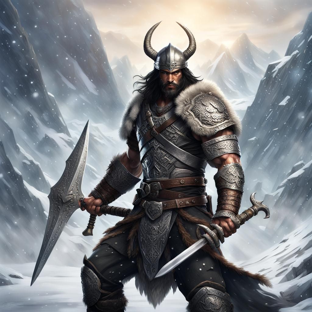 Barbarian Warrior with Sword in Snowy Mountains
