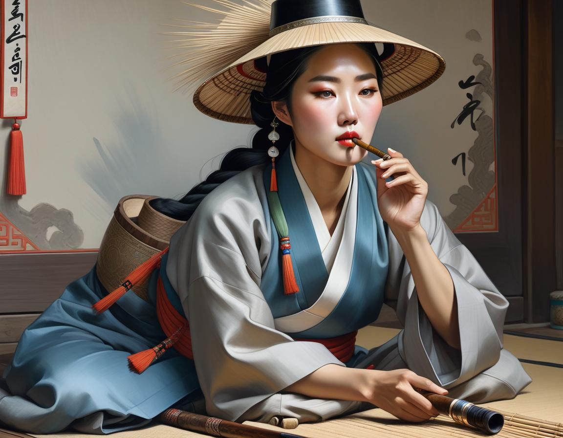 Korean Woman Smoking Pipe: Photorealistic Oil Painting