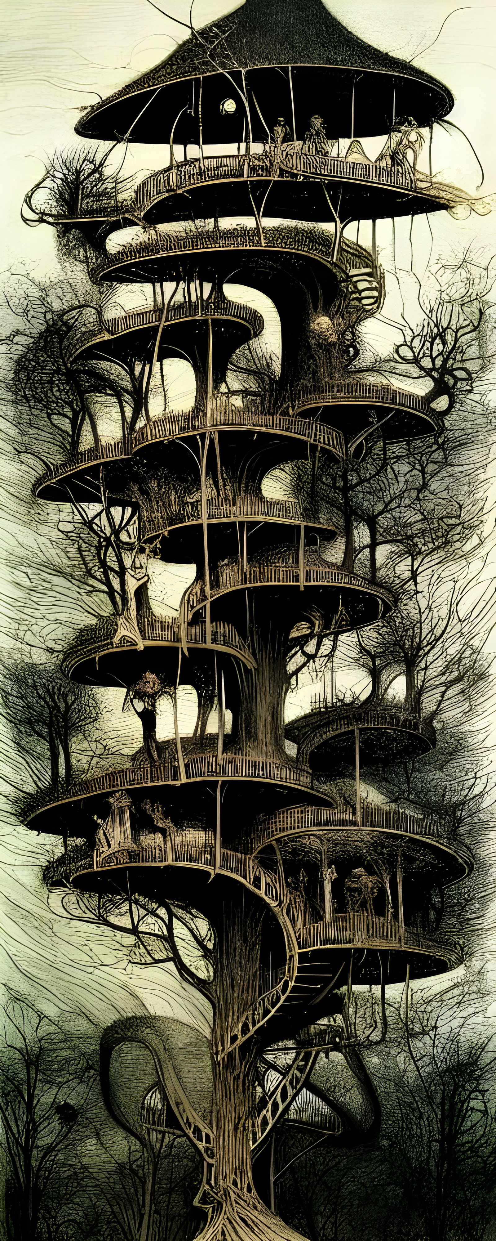 Intricate Spiral Treehouse in Golden Age Illustration Style