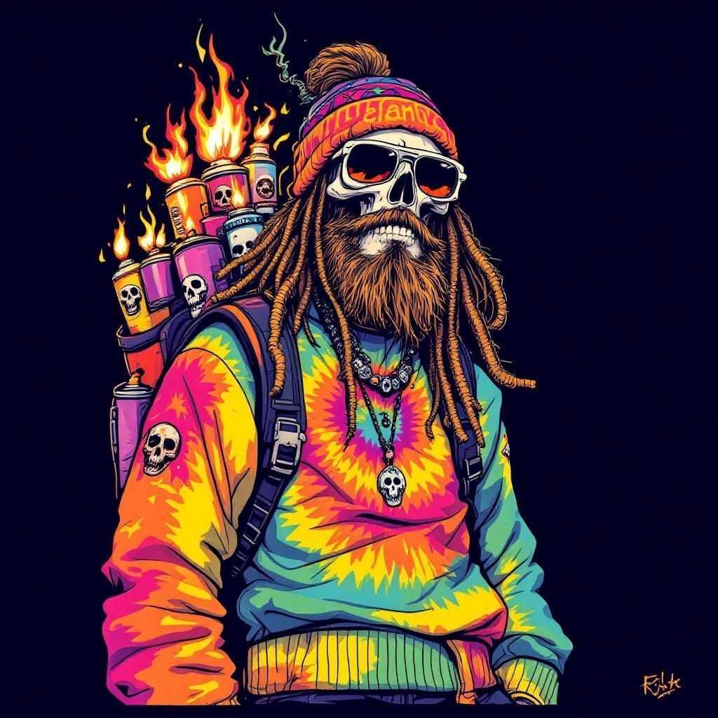 Tie-Dye Cartoon Character with Backpack in Surreal Style