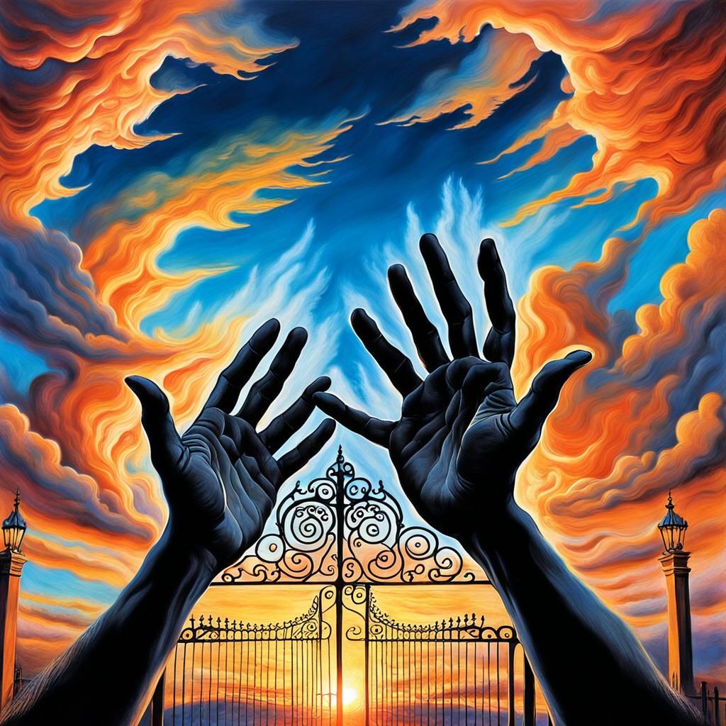 Heavenly Gate Reaching Hands Charcoal Drawing