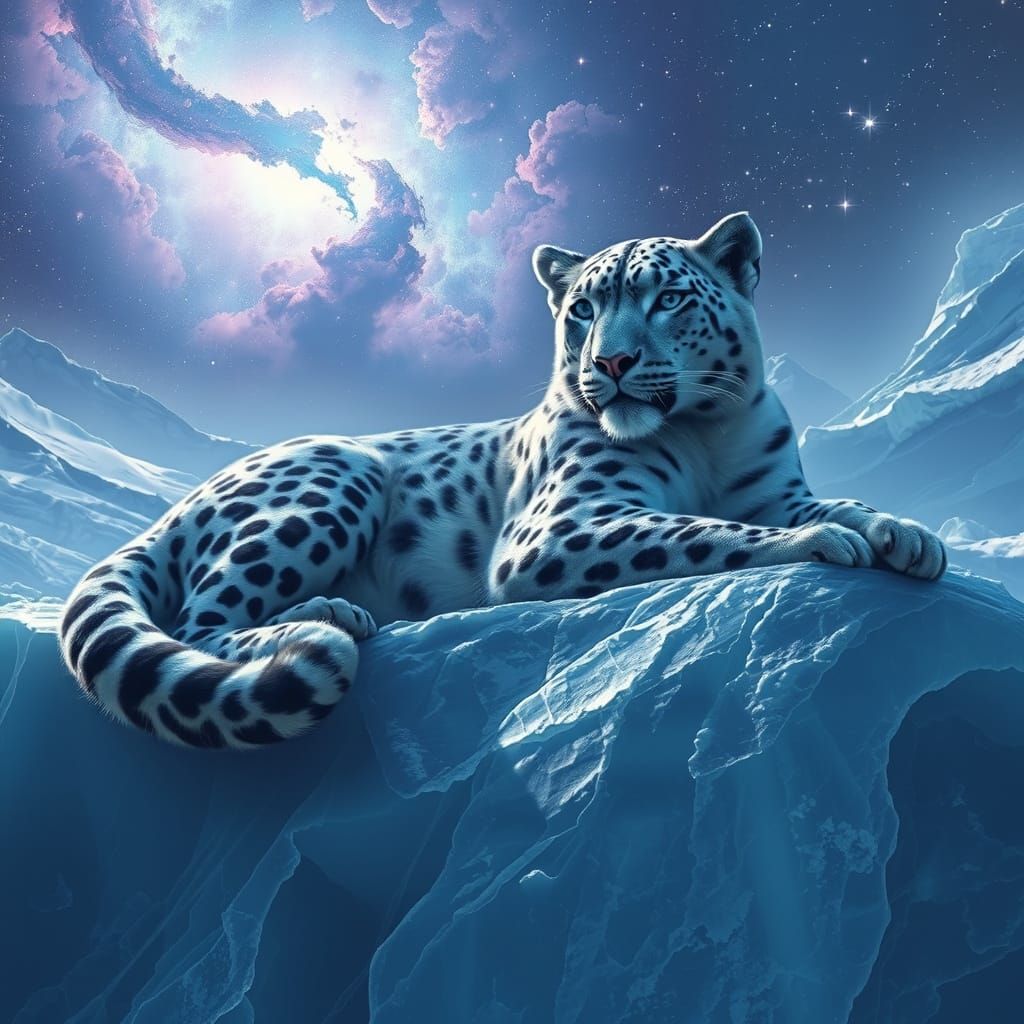 Snow Leopard Reigns Over Cosmic Glacier