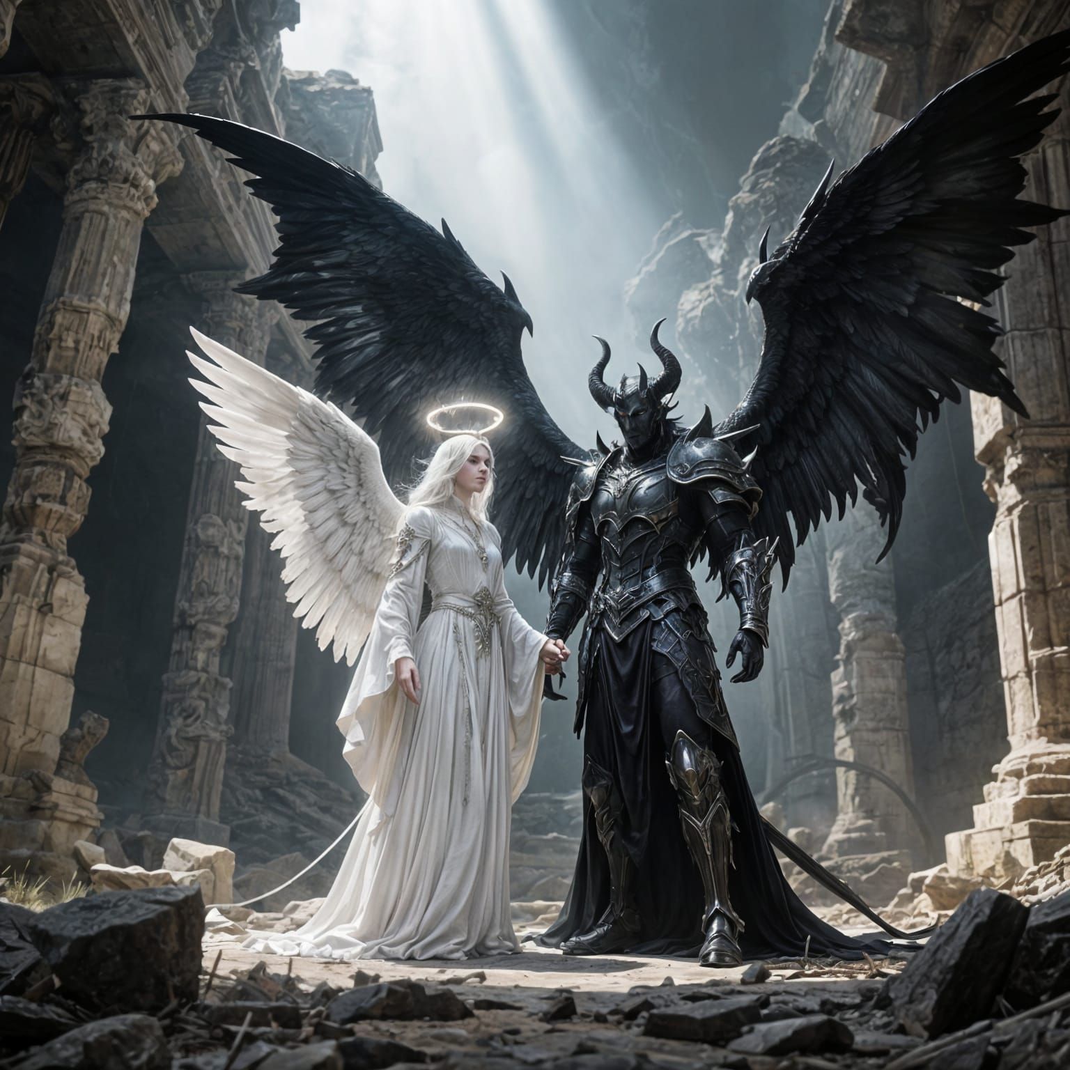 Angel and Devil Together in Dramatic Temple Light