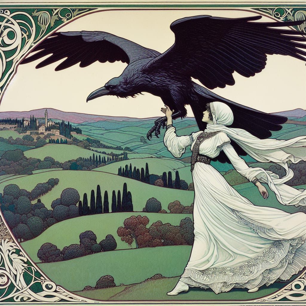 Woman on Raven Soaring Over Tuscany, in Art Nouveau Style