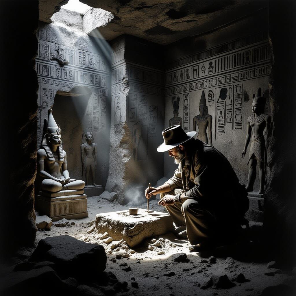 Archaeologist Unearths Tomb in Dramatic Charcoal Style
