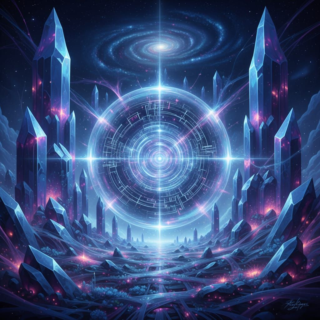 fractal-like shapes, crystals shards, quantum portal, abstra...