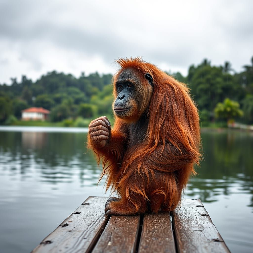 an orangutan sitting on a wooden dock under an orange umbrel...