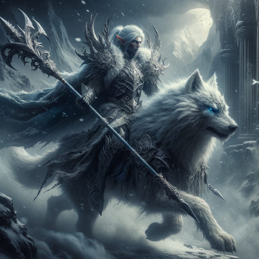 Snow Elf Knight on White Wolf in Dark Fantasy Style