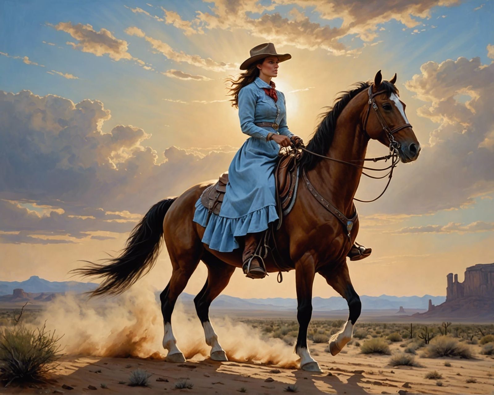 Cowgirl Fires Revolver in Desert Sunset Painting